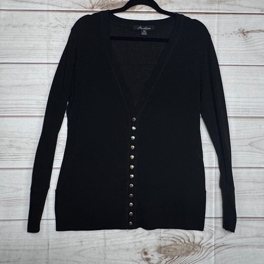 Hawthorne Black V-Neck Cardigan Sweater Gold Snap Front & Cuffs XL